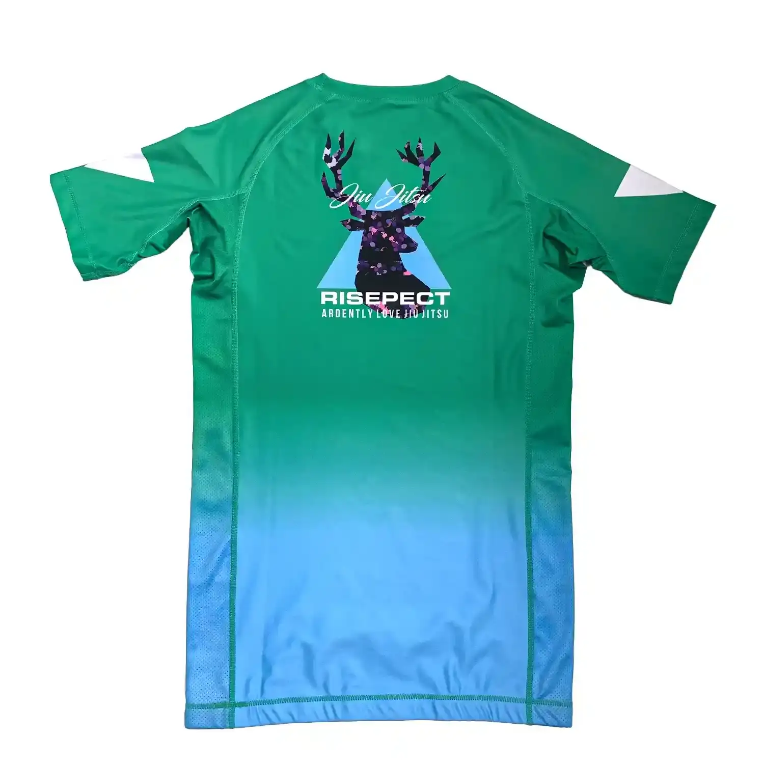 Elk two-color rash guard green blue short sleeve flat lay back view