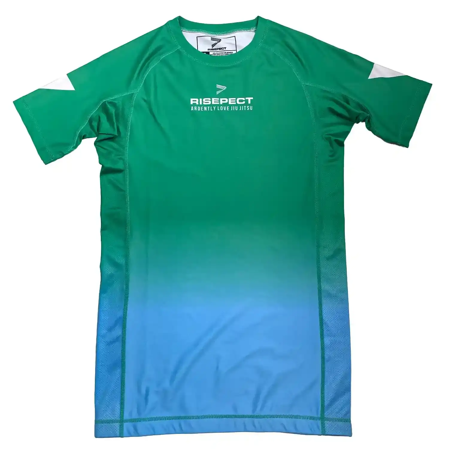 Elk two-color rash guard green blue short sleeve flat lay front view