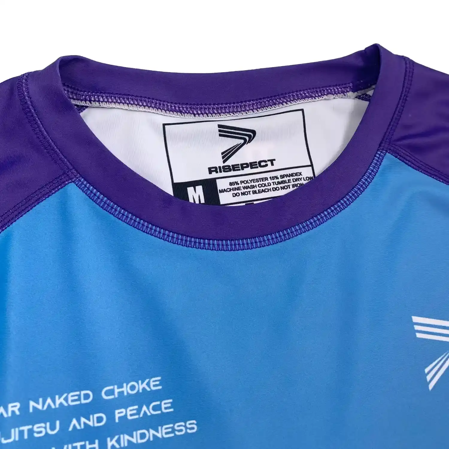 Black short sleeve rash guard mma bjj three-color purple-blue neck details