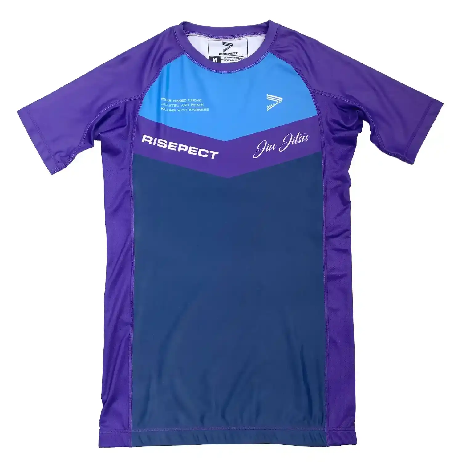 Black short sleeve rash guard mma bjj three-color purple-blue flat lay front view