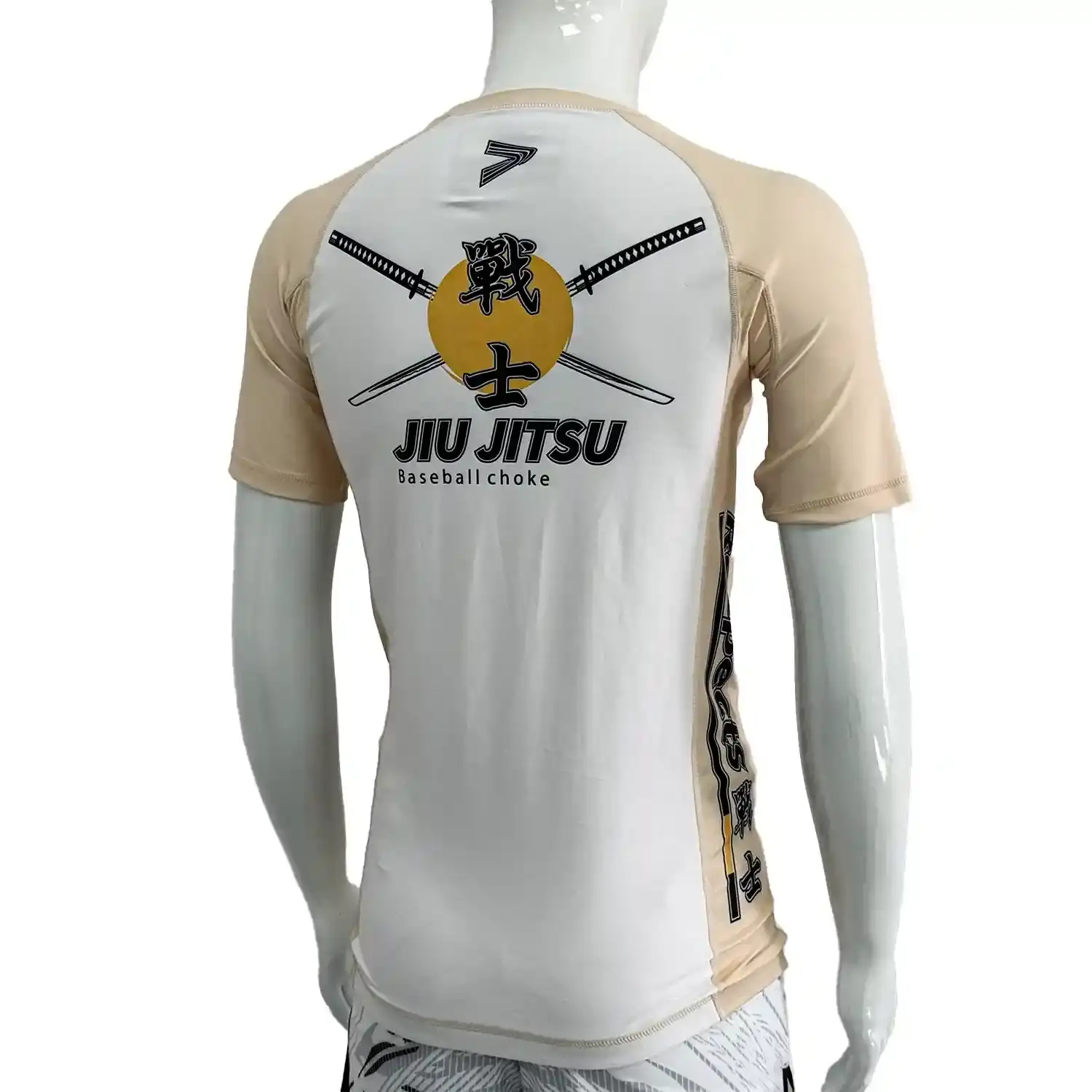 Khaki bjj rash guard warrior short sleeve back view