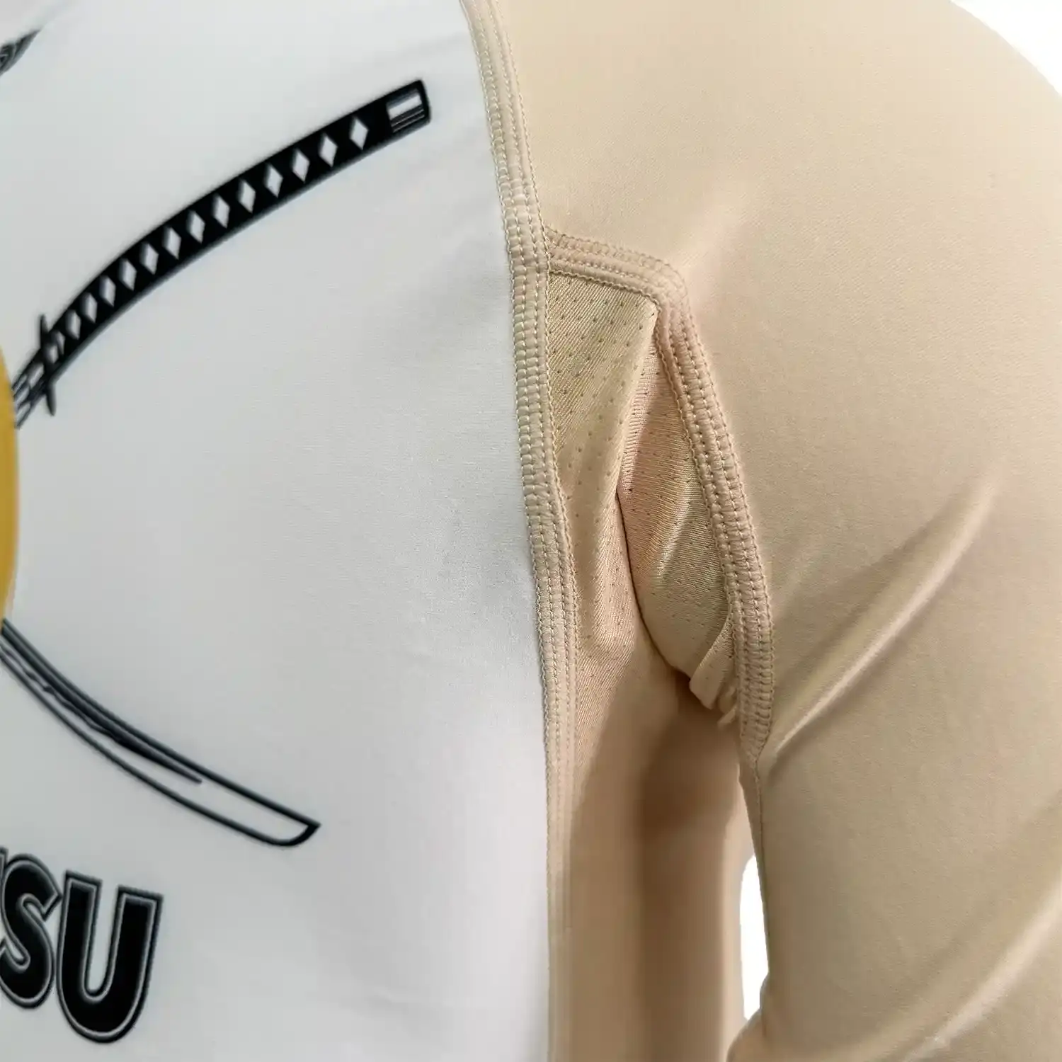 Khaki bjj rash guard warrior short sleeve flatlock seam and underarm side mesh details