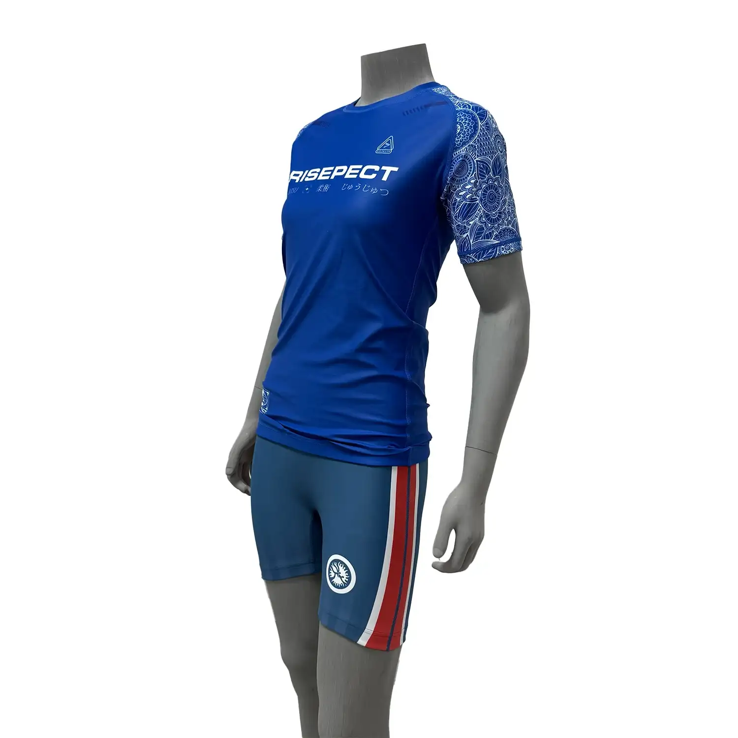 Female power style royal blue bjj rash guard short sleeve left front view