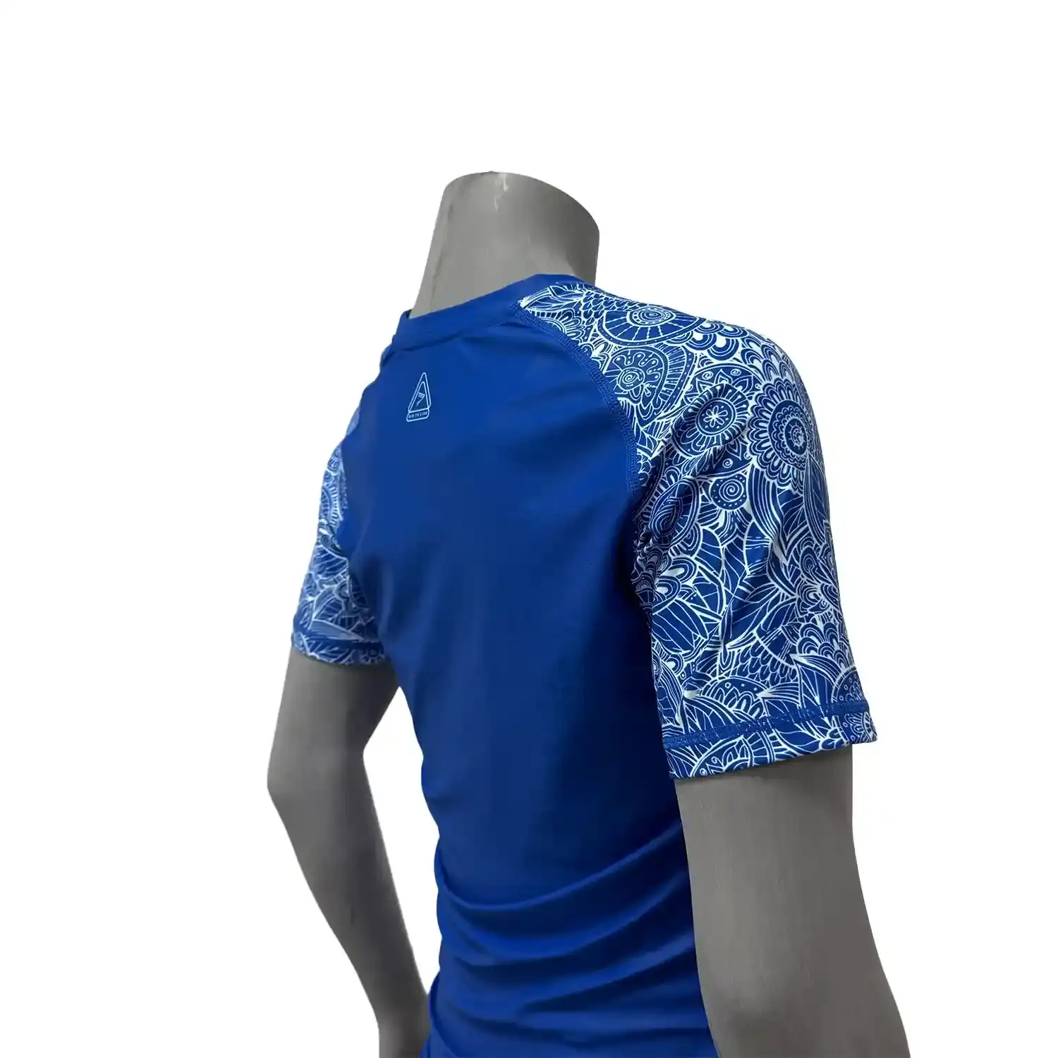 Female power style royal blue bjj rash guard short sleeve right back zoom view