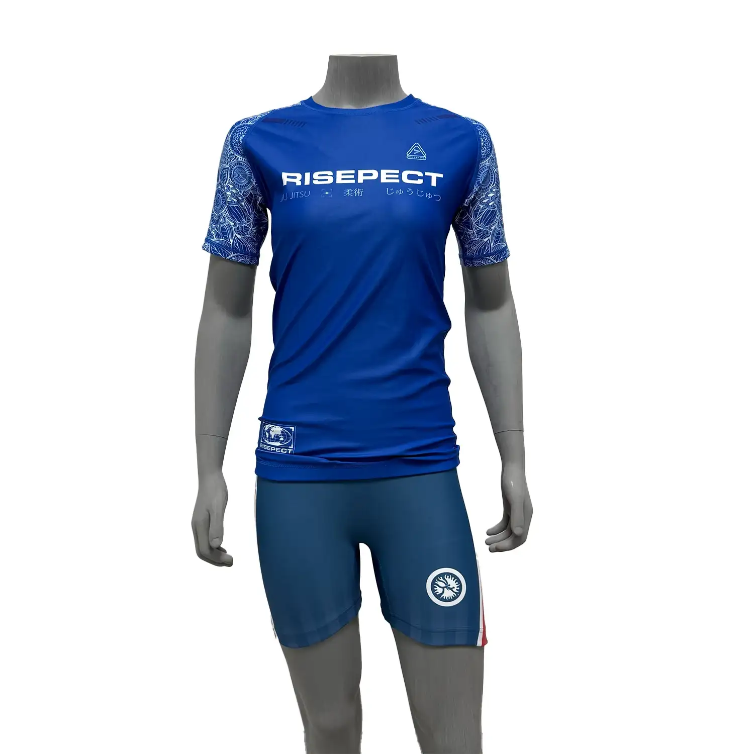 Female power style royal blue bjj rash guard short sleeve right front view