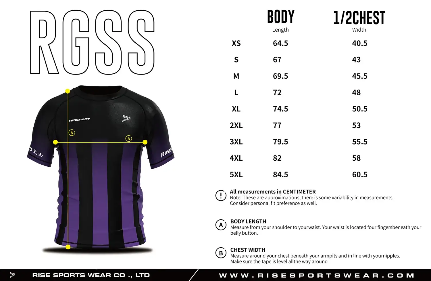 Use rash guard men's size chart provided by Rise Sportswear, or custom your brand, club, or team men's sizes chart for rash guard.