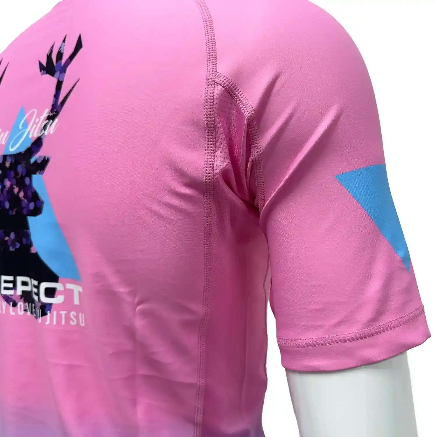 Bjj elk two-color pink blue short sleeve rash guard back underarm mesh and flatlock seam details