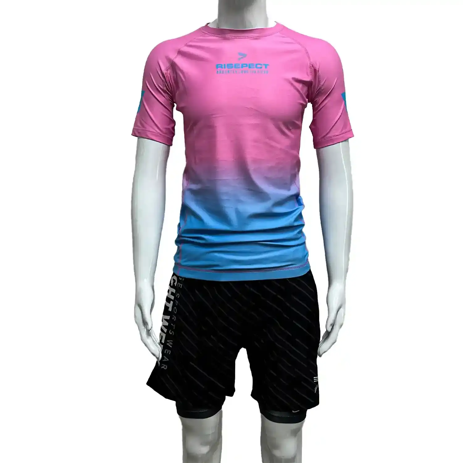 Bjj elk two-color pink blue short sleeve rash guard front view