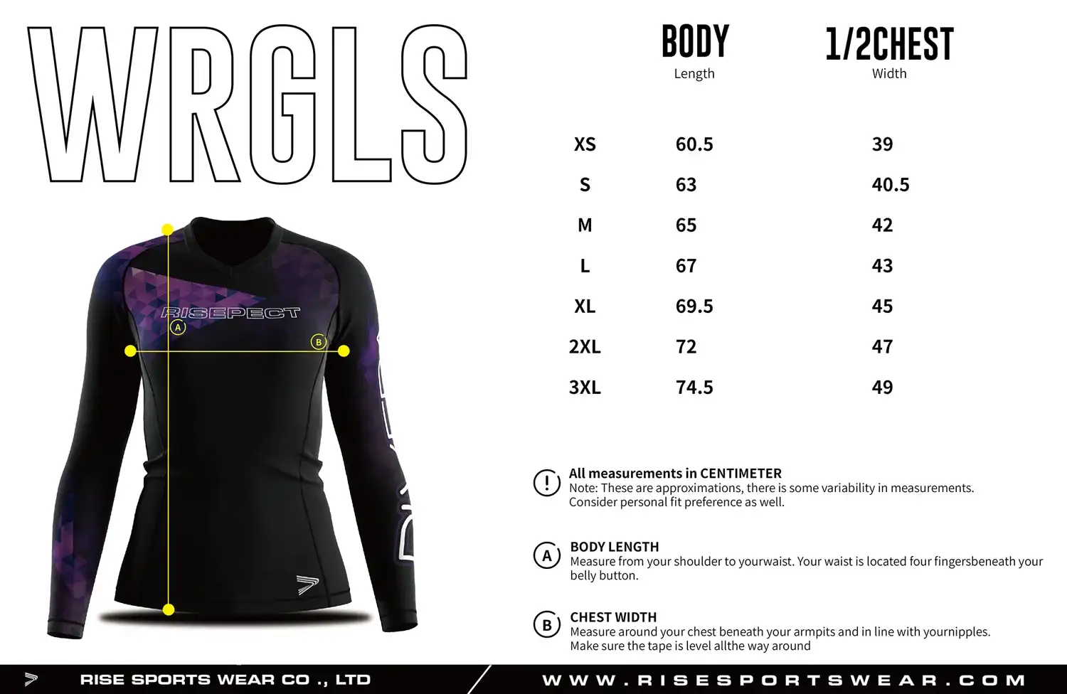 Use rash guard women's size chart provided by Rise Sportswear, or custom your brand, club, or team women's sizes chart for rash guard.