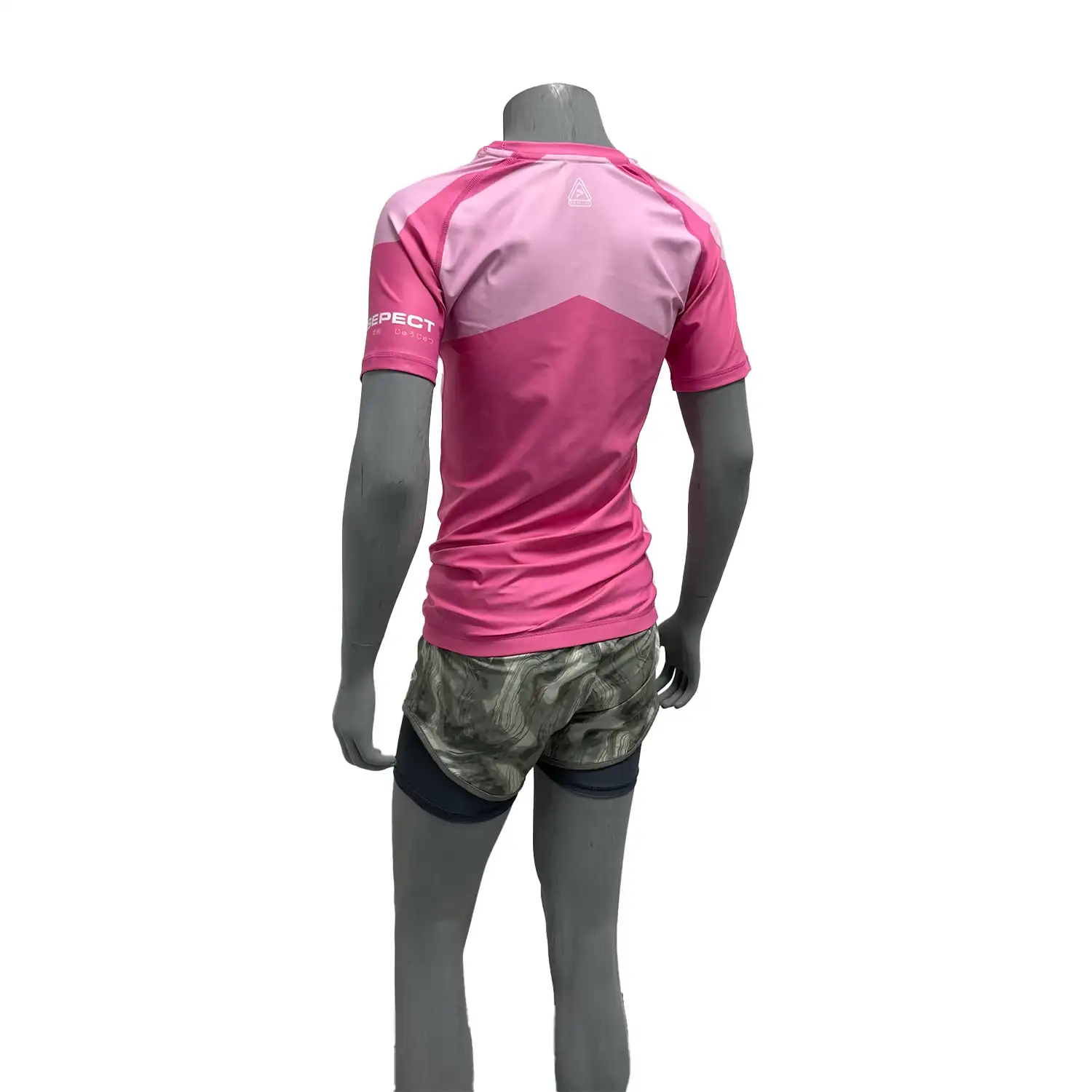 Women's feminine fit pink bjj rash guard short sleeve left back view