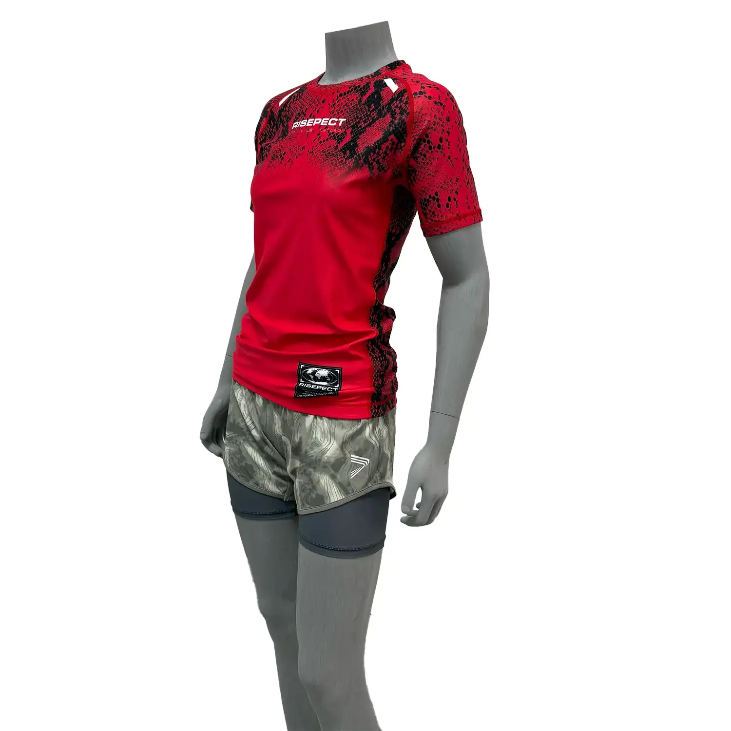 Women's red snake pattern bjj rash guard short sleeve left front view