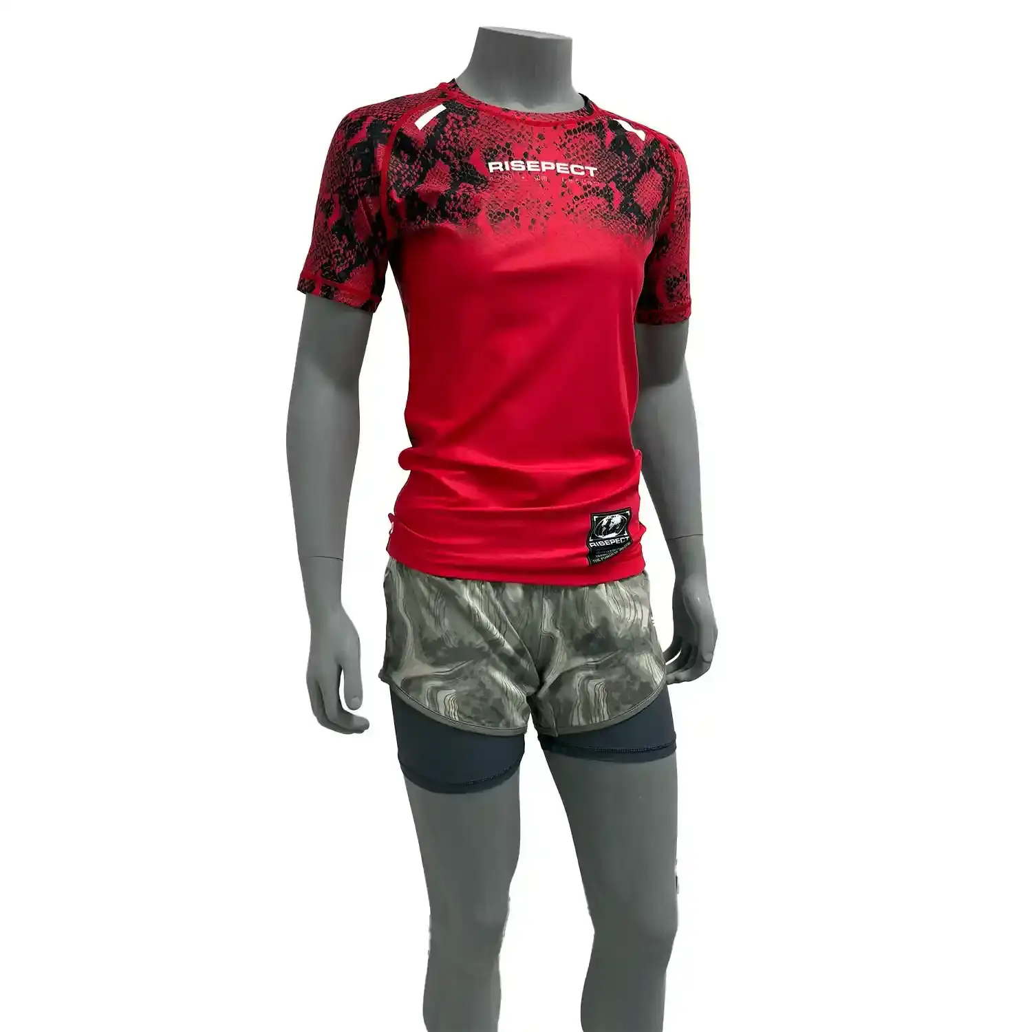 Female model in red snake pattern bjj rash guard short sleeve right front view