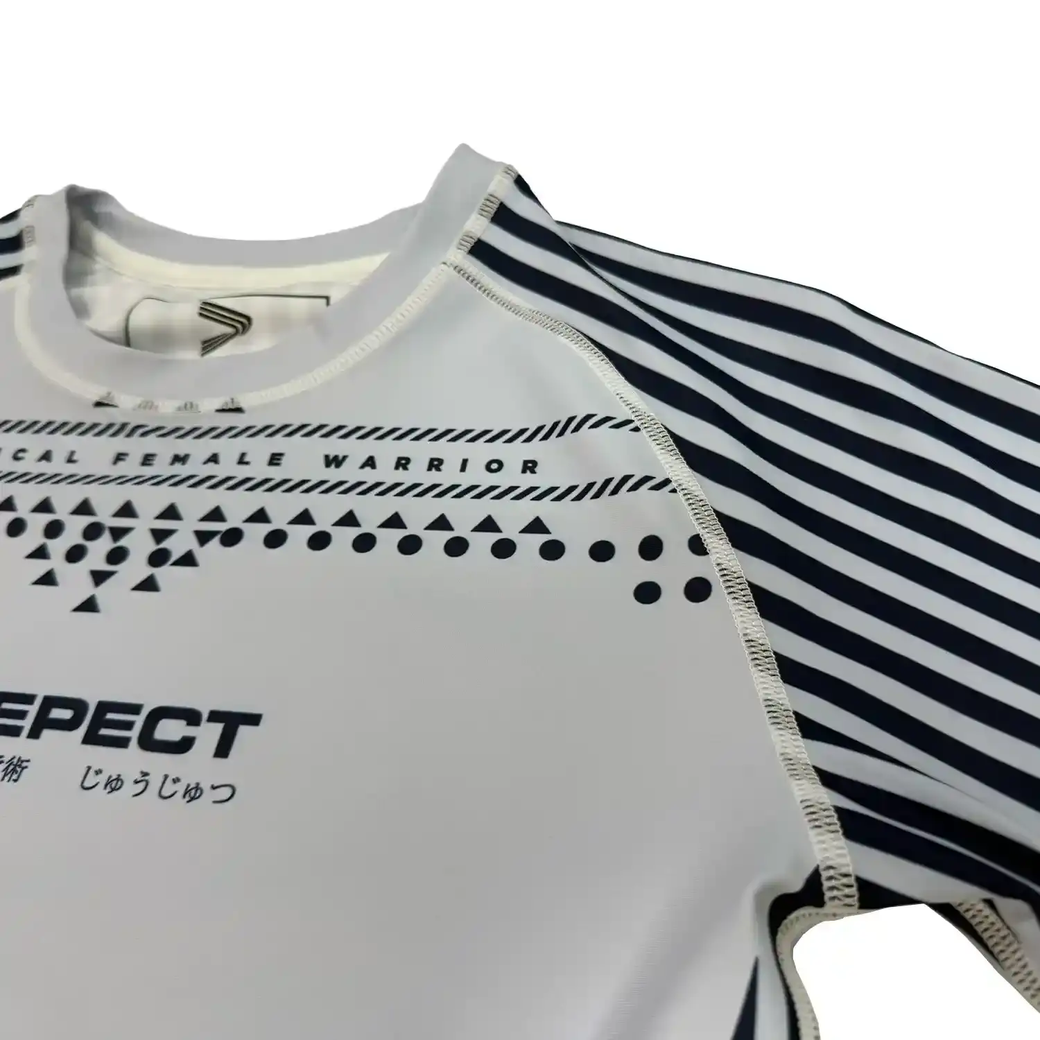 Women's light grey-purple base stripe design bjj rash guard short sleeve flat lay flatlock seam details