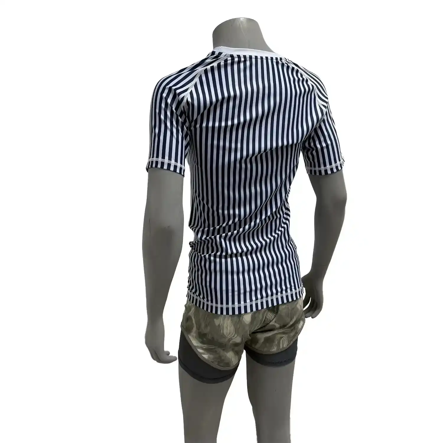 Women's light grey-purple base stripe design bjj rash guard short sleeve left back view