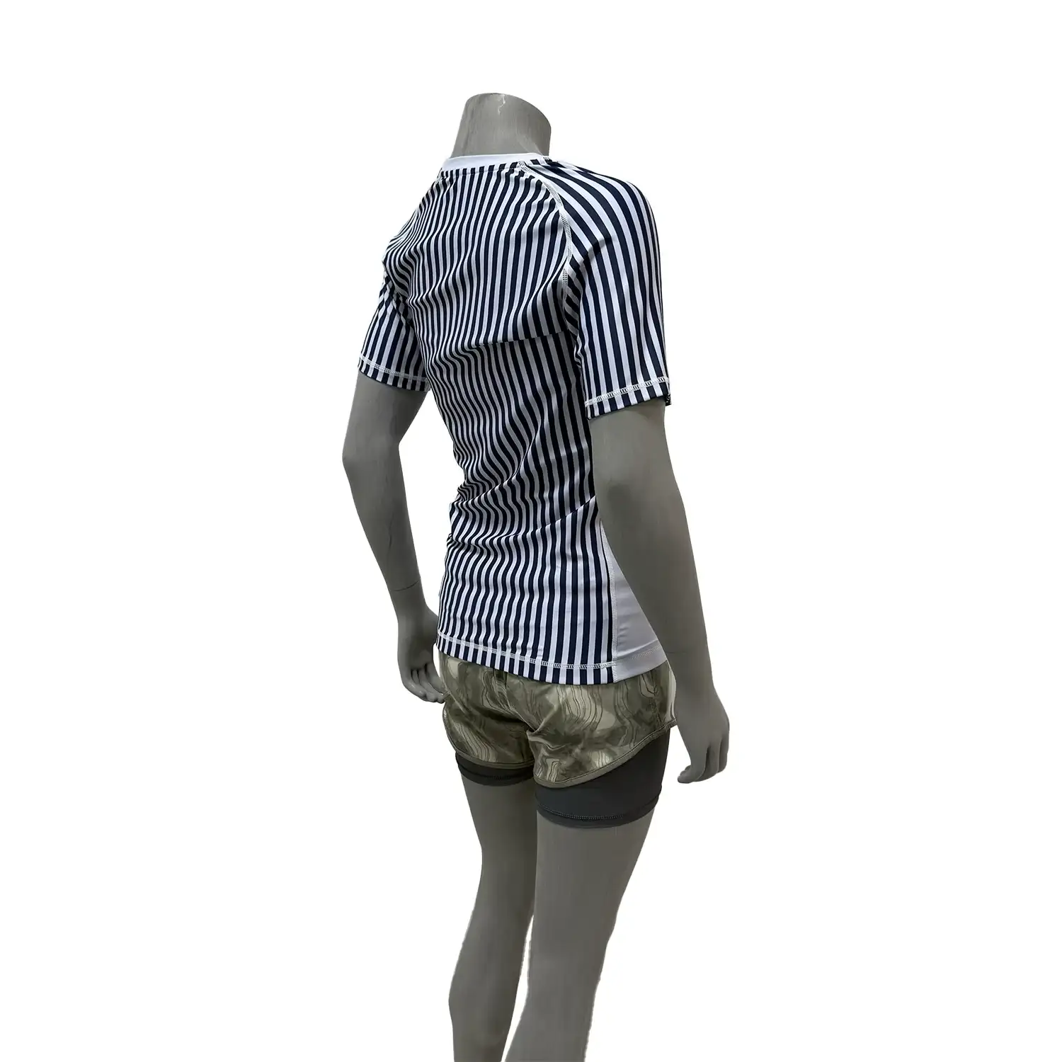 Women's light grey-purple base stripe design bjj rash guard short sleeve right back view