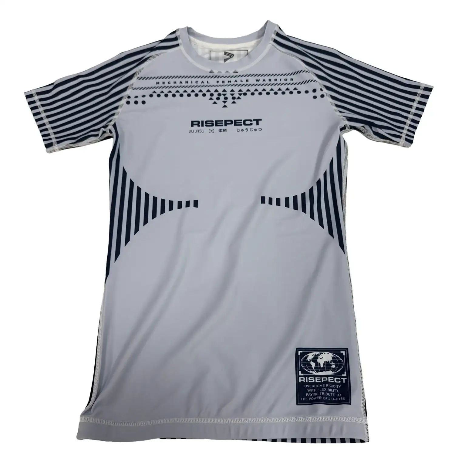 Women's light grey-purple base stripe design bjj rash guard short sleeve front flat lay view