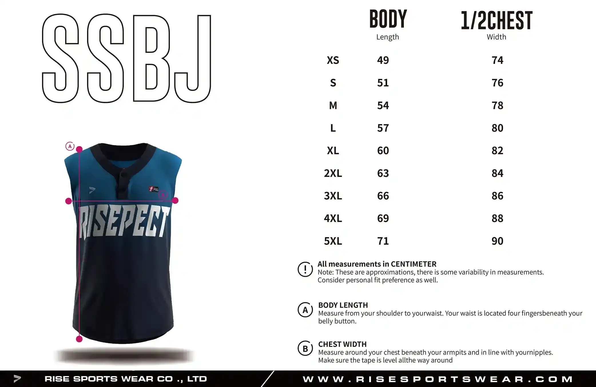 Use adult sleeveless 2-button baseball jersey sizes chart provided by Rise Sportswear, or custom your own brand, club, or team adult sizes chart for sleeveless 2-button baseball jersey.