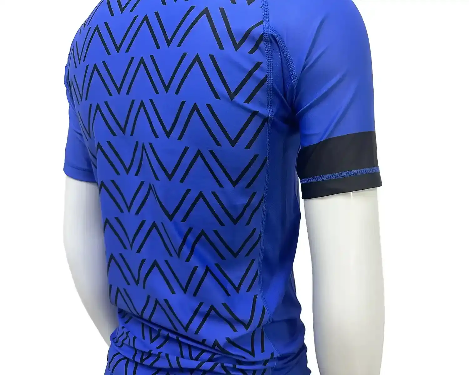 Blue rash guards with black wave back underarm mesh and flatlock seam details