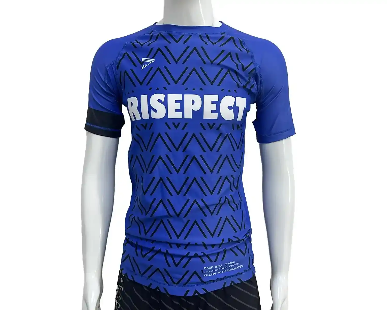 Blue rash guards with black wave front view
