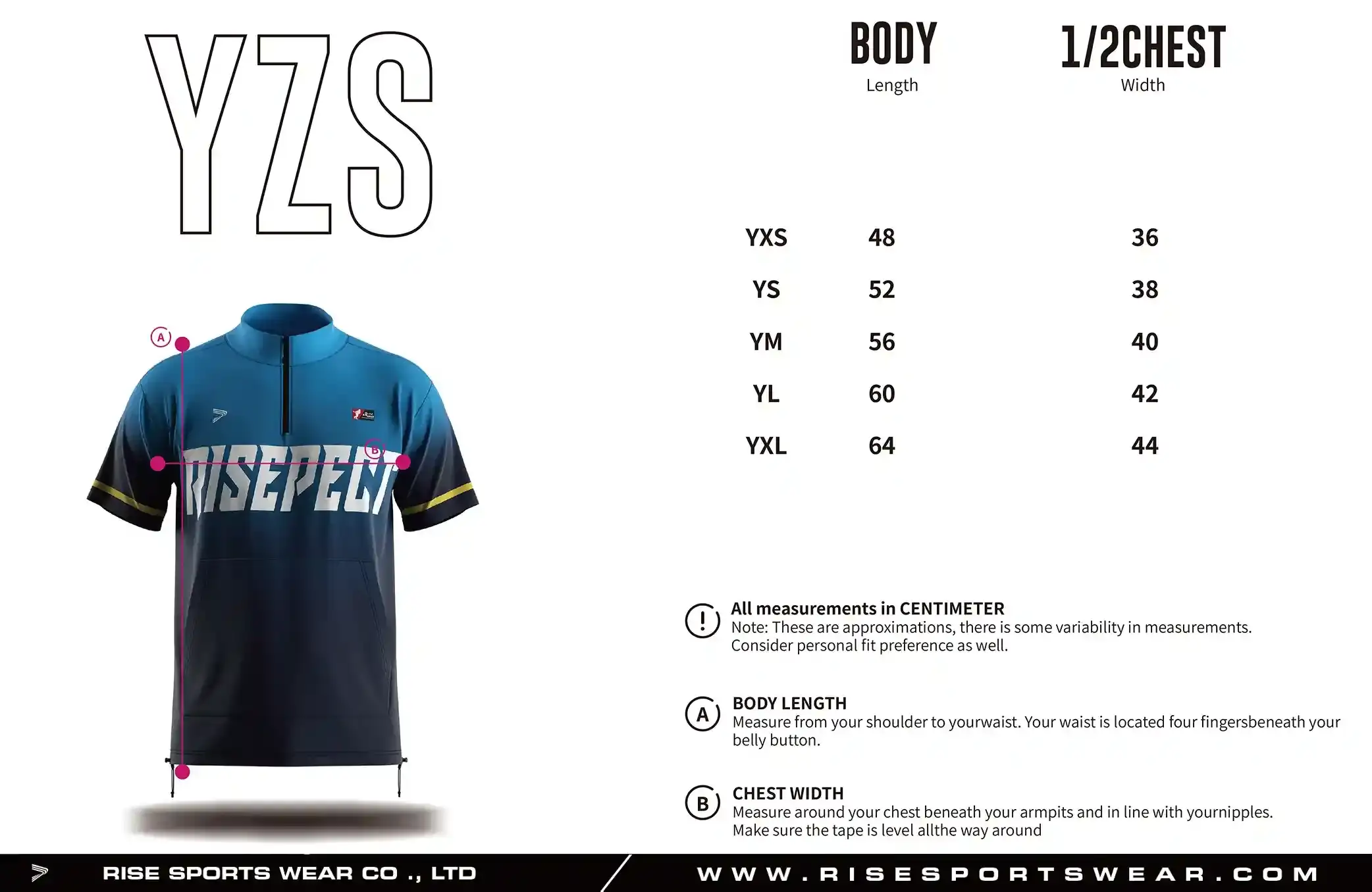 Use youth baseball cage jacket sizes chart provided by Rise Sportswear, or custom your own brand, club, or team youth sizes chart for baseball cage jacket.