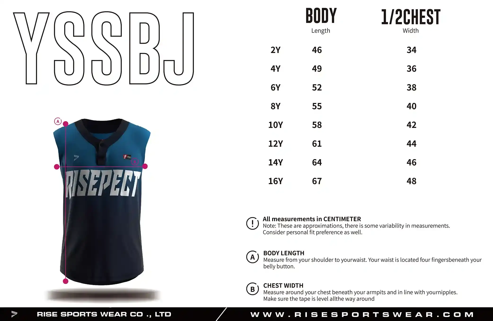 Use youth sleeveless 2-button baseball jersey sizes chart provided by Rise Sportswear, or custom your own brand, club, or team youth sizes chart for sleeveless 2-button baseball jersey.