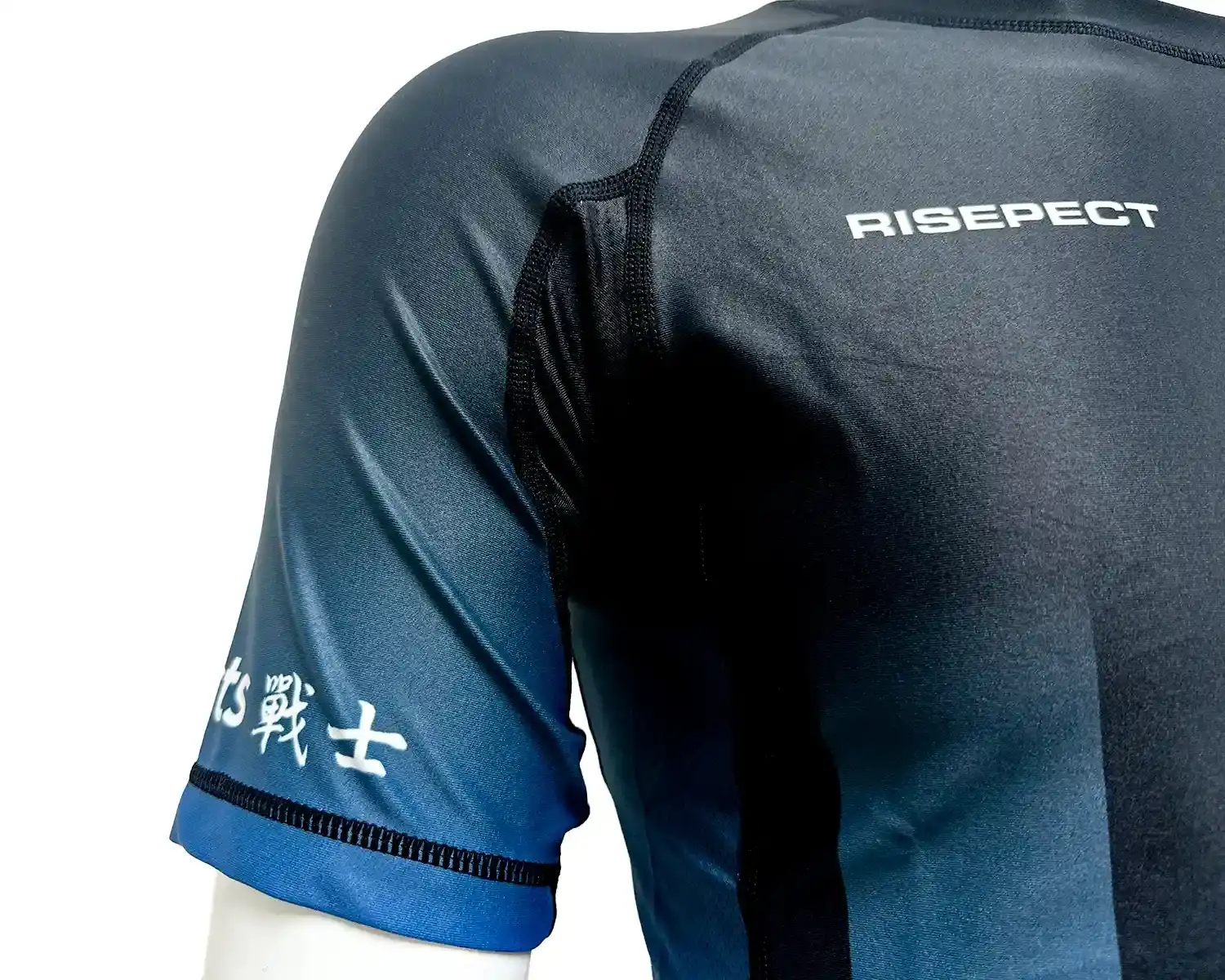 Blue-gradient stripes BJJ rash guard for men front raglan sleeve & underarm mesh & flatlock seam details