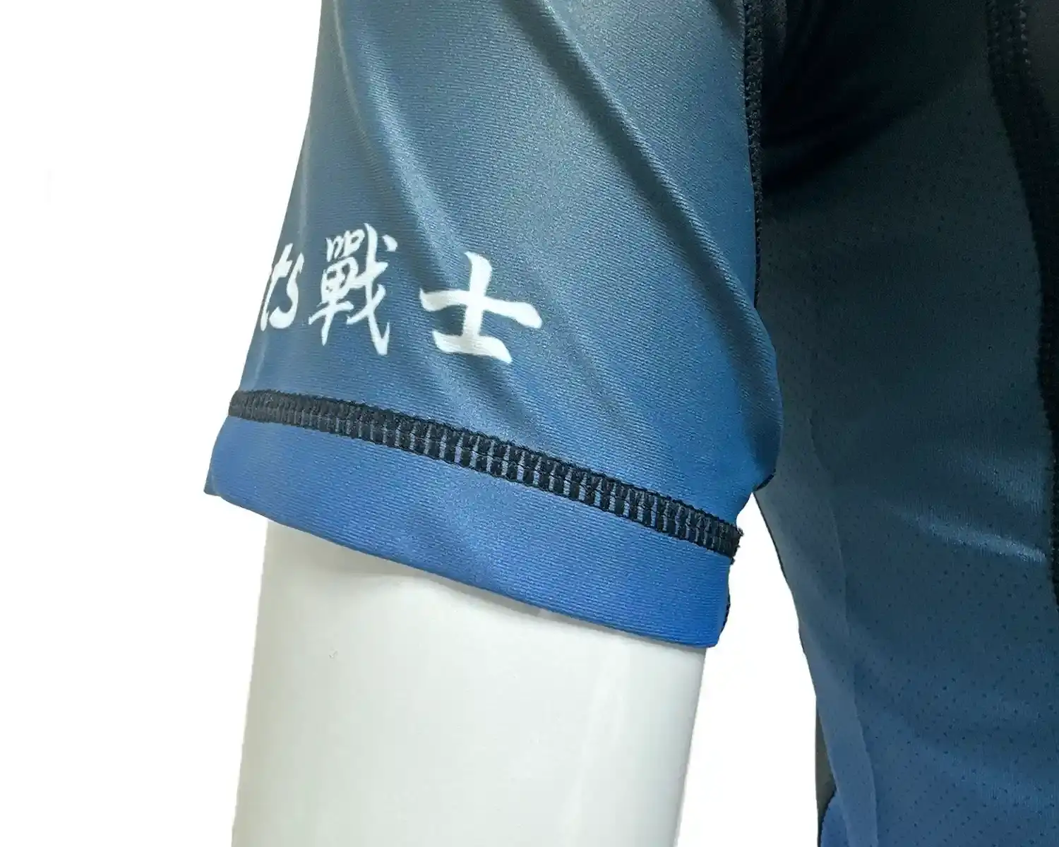 Blue-gradient stripes BJJ rash guard for men front external cuff details