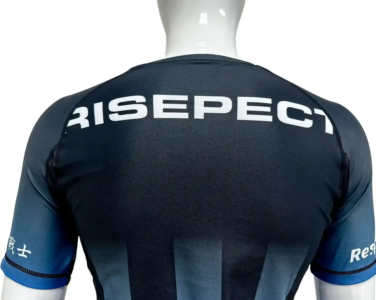 Blue-gradient stripes BJJ rash guard for men back top details