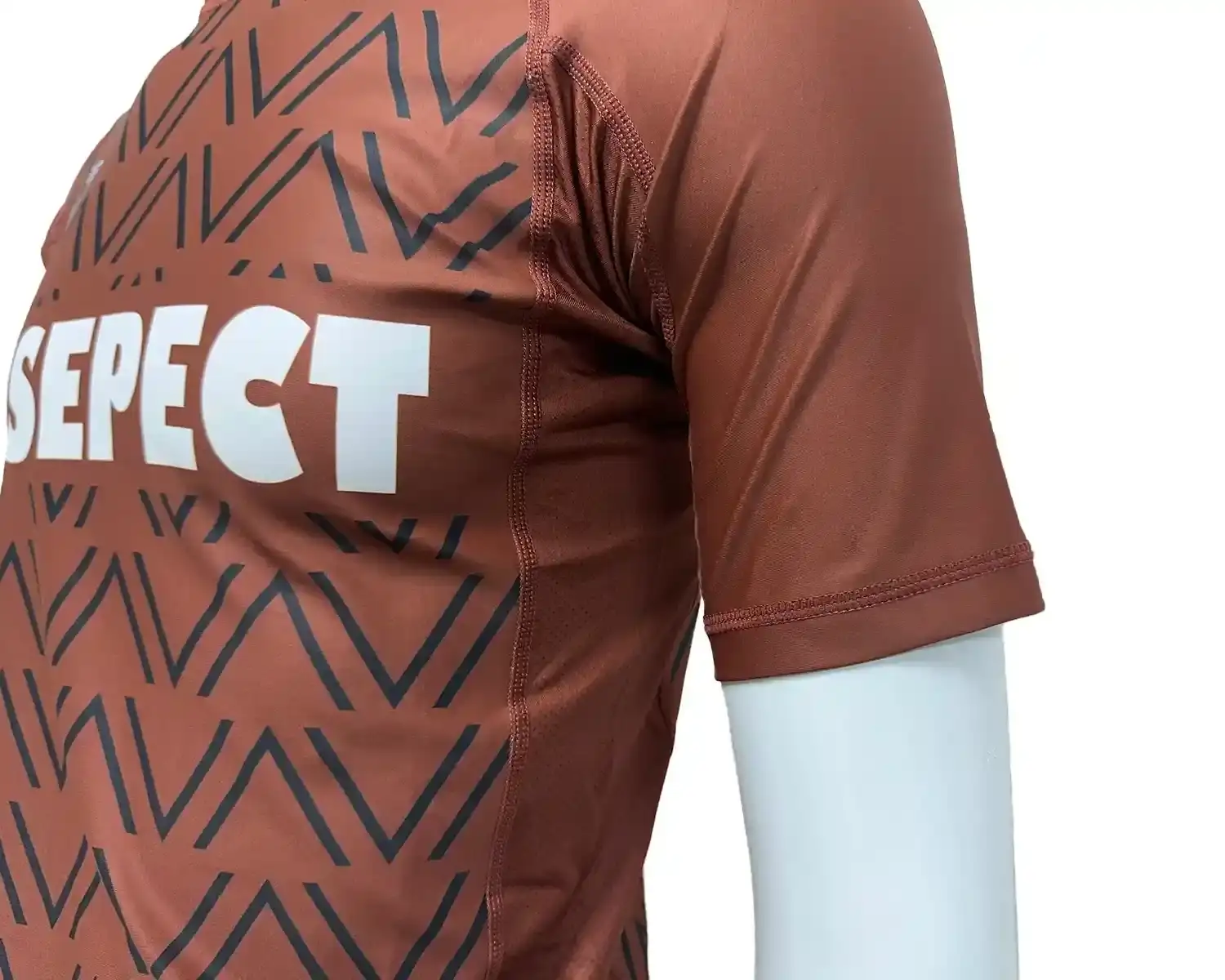 Brown rash guard black waves for men bjj front underarm mesh and flatlock seam details