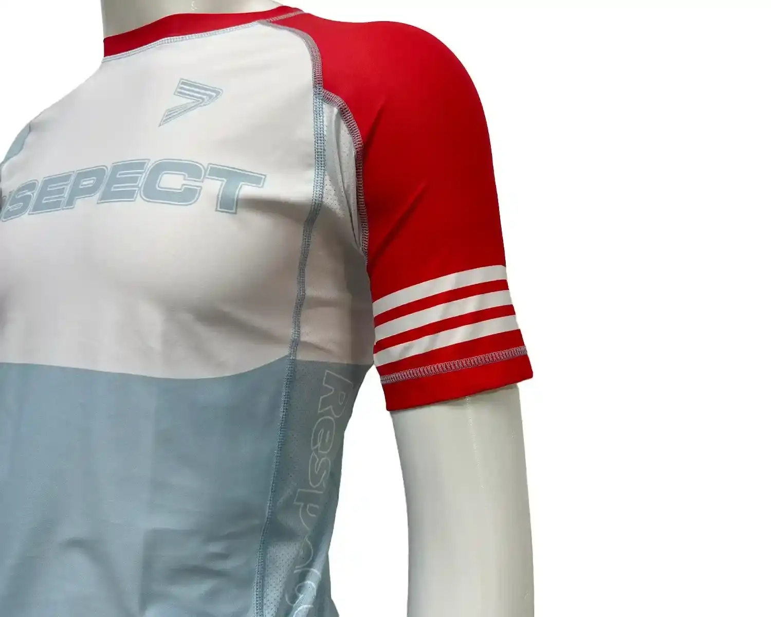 Red sleeve jiujitsu rash guard side underarm mesh & flatlock seam details