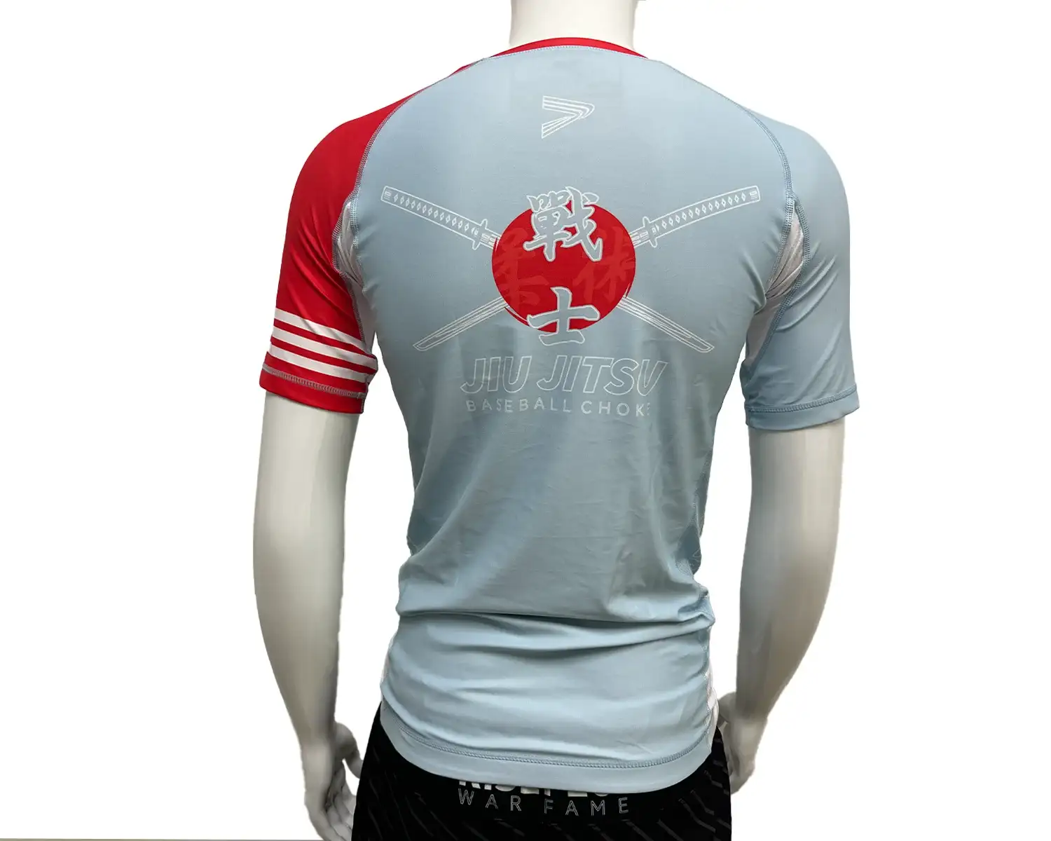 Red sleeve jiujitsu rash guard back view