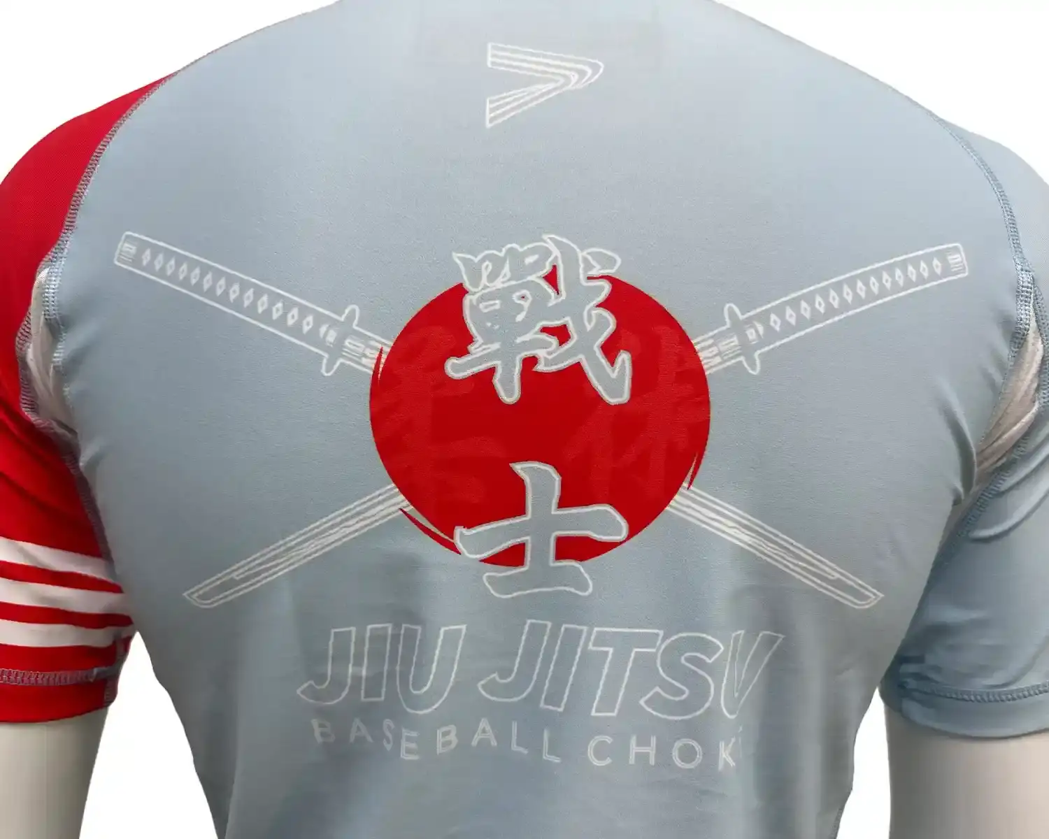 Red sleeve jiujitsu rash guard back pattern details