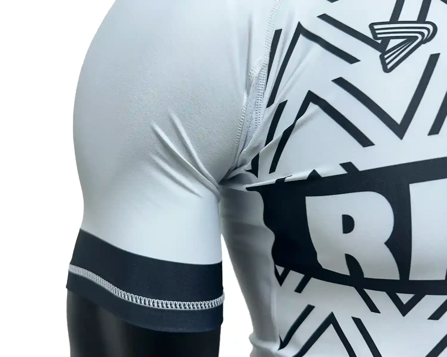 White MMA BJJ rashguard black wave front underarm mesh and flatlock seam details