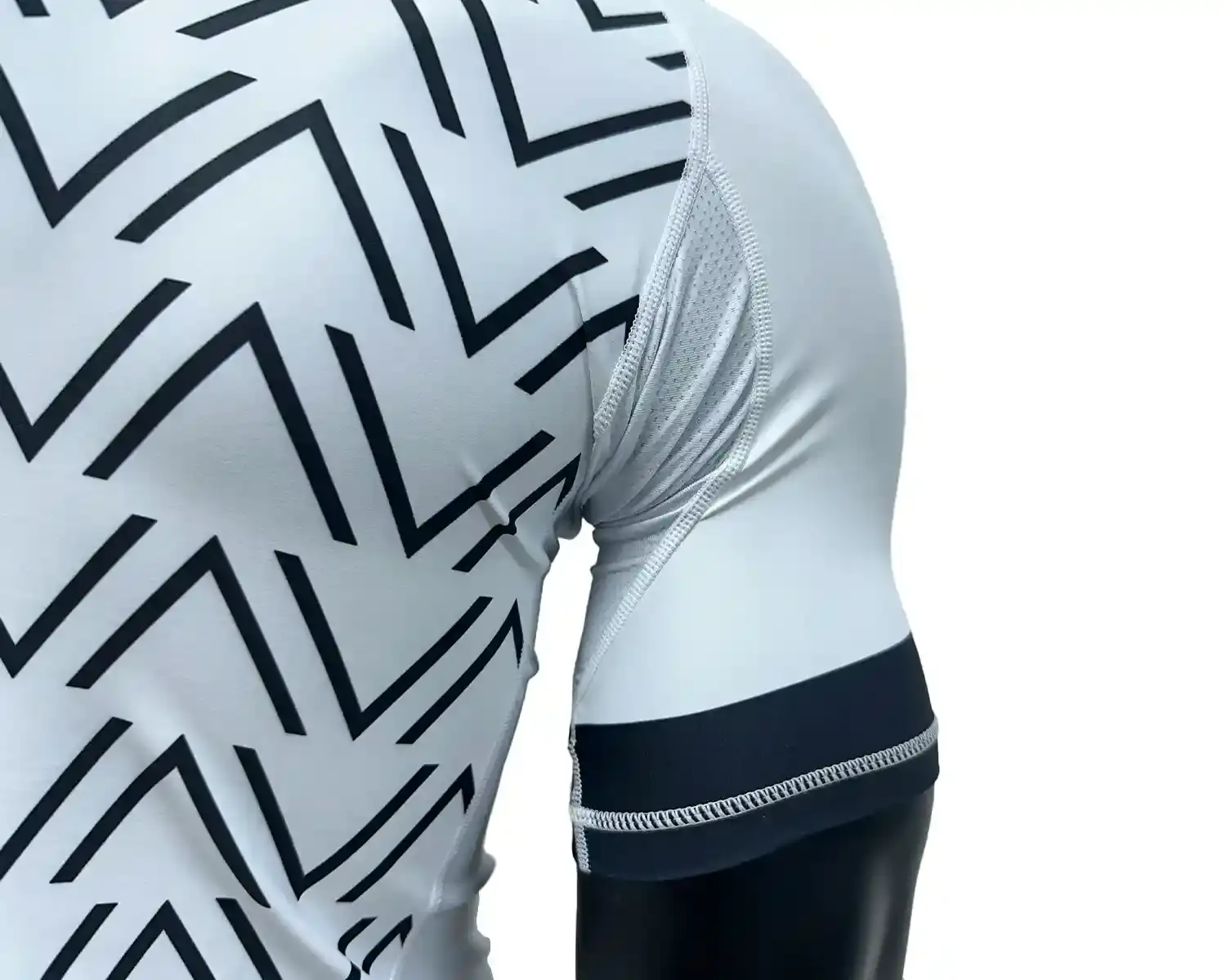 White MMA BJJ rashguard black wave back underarm mesh and flatlock seam details