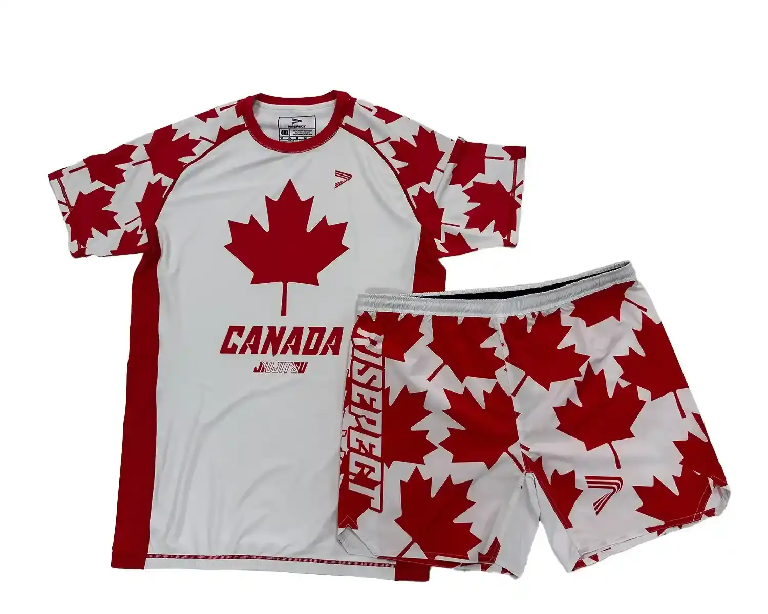 Elite rash guard and MMA shorts canadian maple leaf flag bjj mma white flat lay view