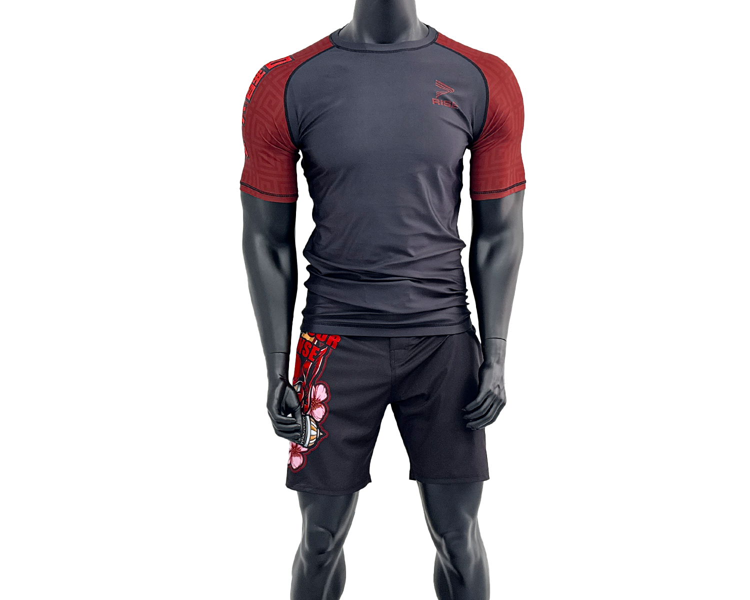 Prajna short sleeve rash guard and velcro MMA shorts front view on male model