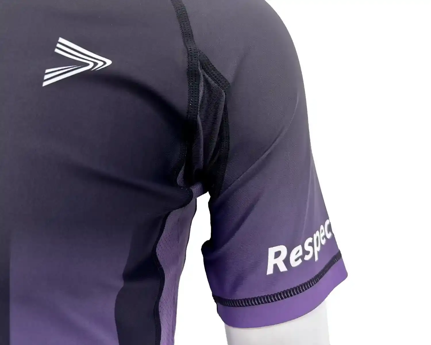 Purple-gradient stripes rash guard BJJ front underarm mesh and flatlock seam details