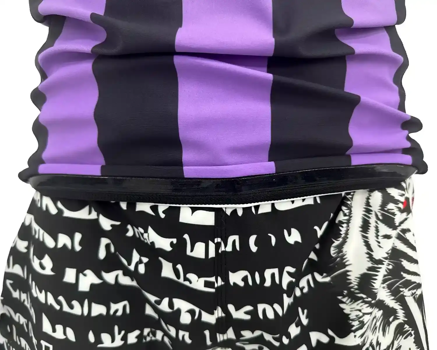 Purple-gradient stripes rash guard BJJ hem inside silicone strip details