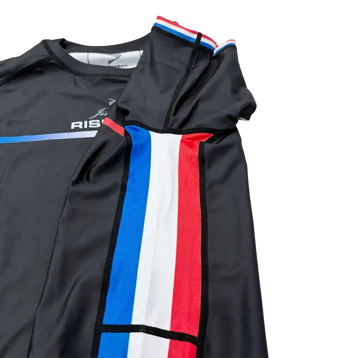 The upper side mesh panel of Custom black short sleeve rash guard France jiujitsu