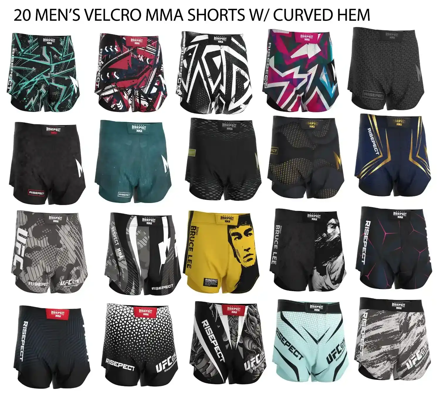 20 men's velcro BJJ MMA shorts with curved hem