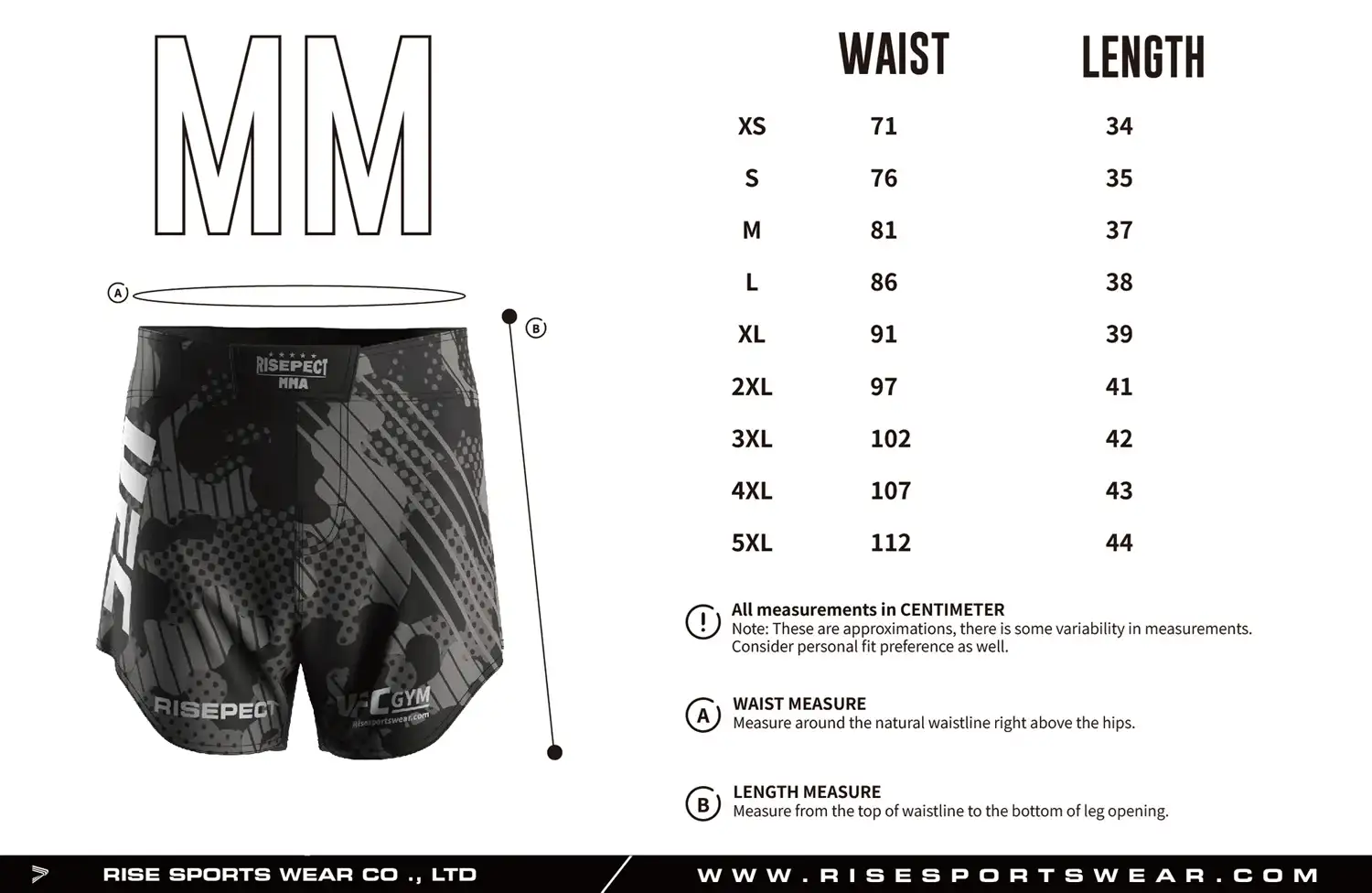 Men's velcro BJJ MMA shorts with curved hem adult sizes chart Use men's velcro BJJ MMA shorts with curved hem adult sizes chart provided by Rise Sportswear, or custom your own brand, club, or team adult sizes chart for men's velcro BJJ MMA shorts with curved hem.
