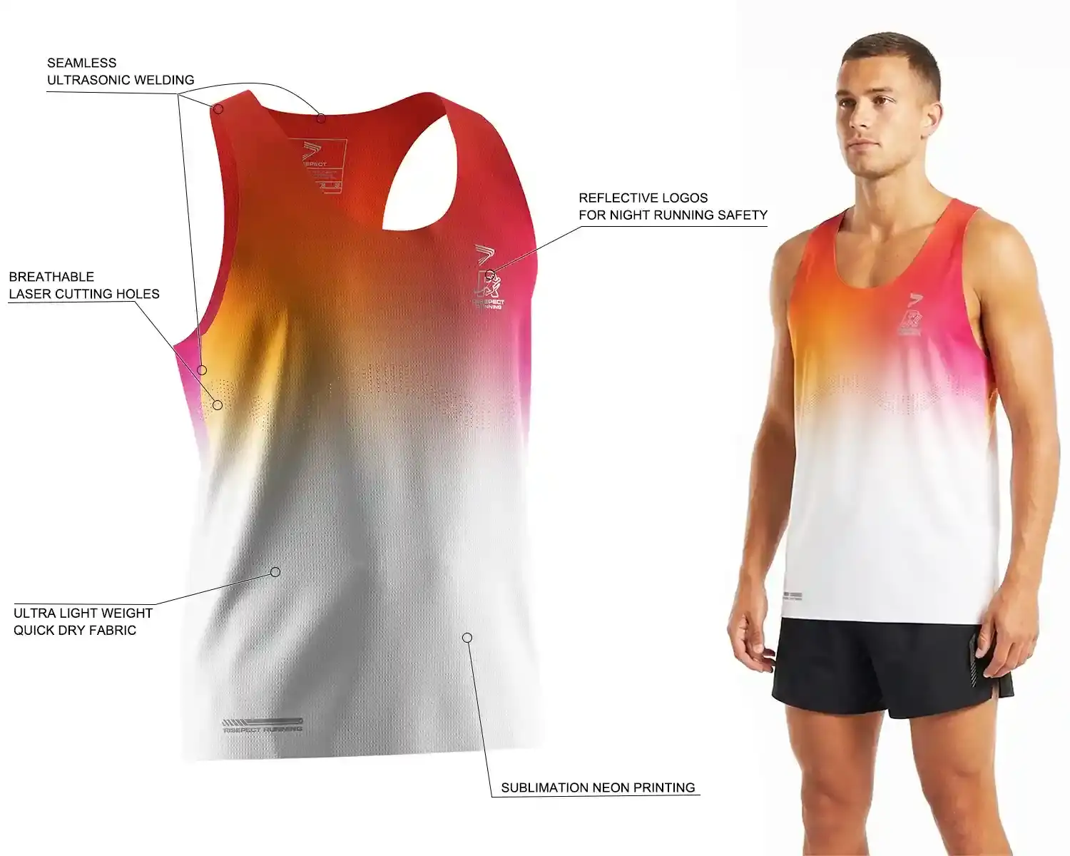 Men's running singlet featuring ultra-lightweight quick-dry fabric, neon sublimation printing, seamless ultrasonic welding, laser-cut ventilation, and reflective safety details. 