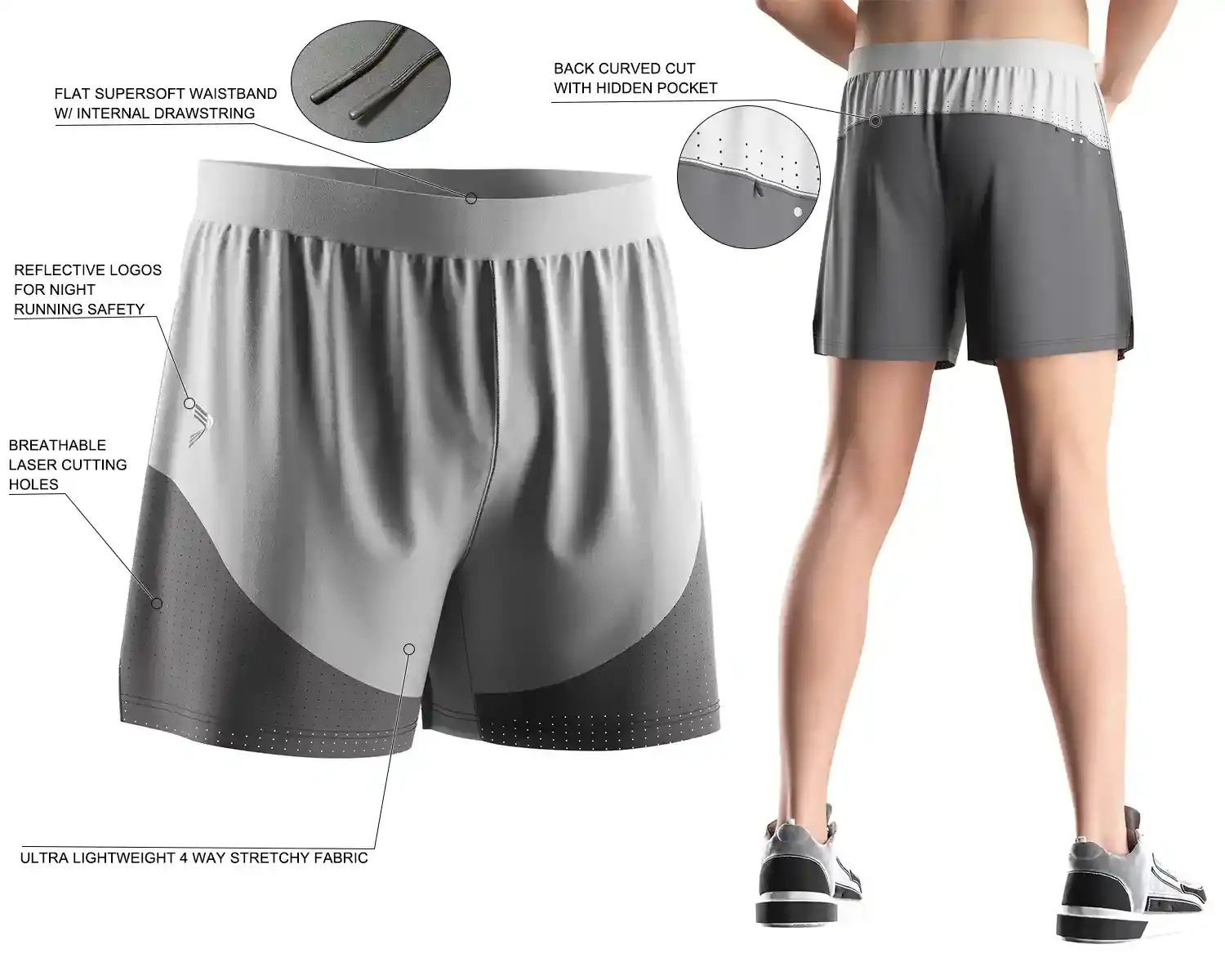 Ultra-lightweight men's running shorts with 4-way stretch fabric, laser-cut ventilation, and reflective details for enhanced safety. Features a flat soft waistband, hidden zip back pocket, and full customization options for sizing, logos, and design.