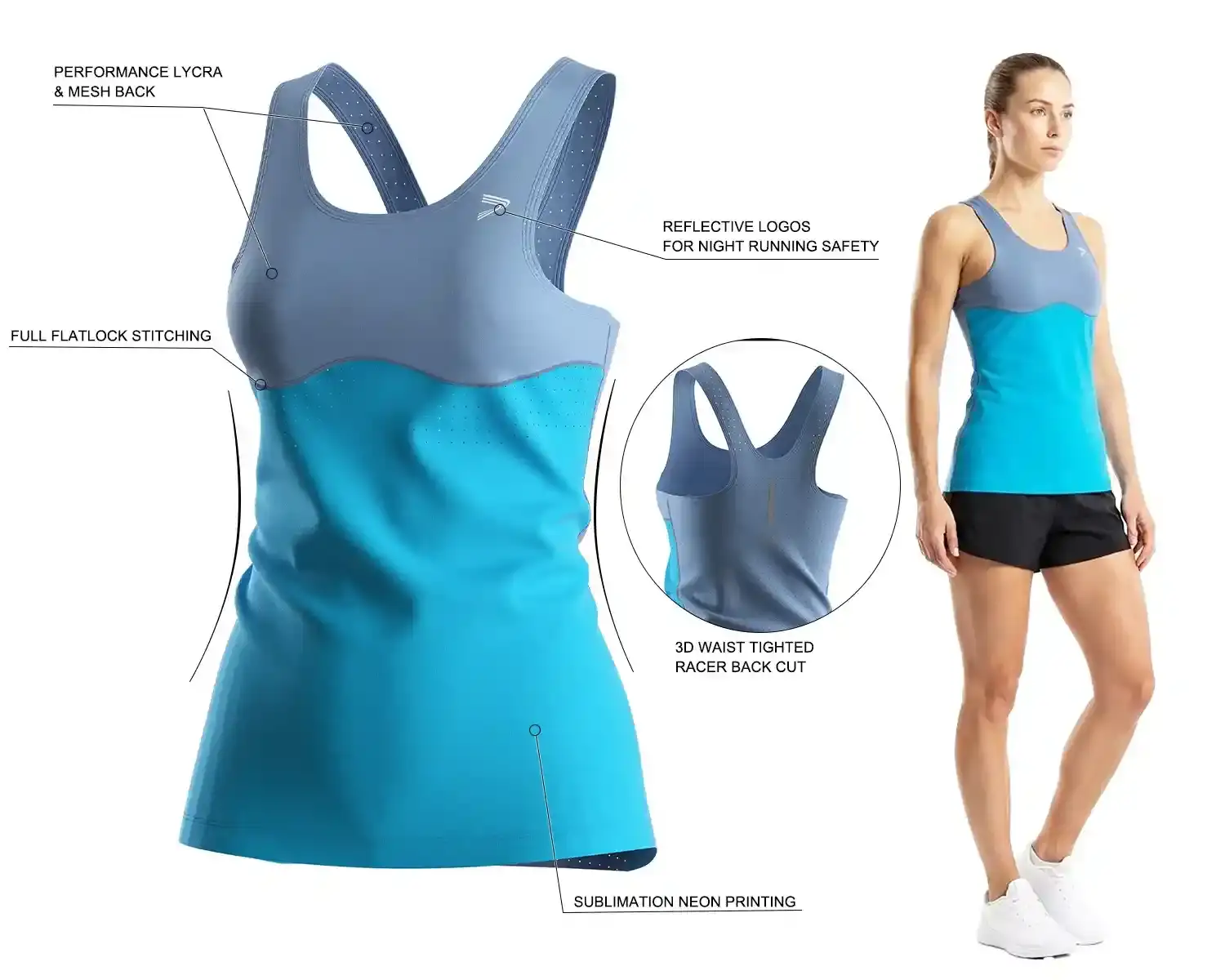 Women's performance running singlet made with Lycra and breathable mesh back. Features flatlock seams, racerback fit, sublimation neon printing, and customizable reflective logos and strips.