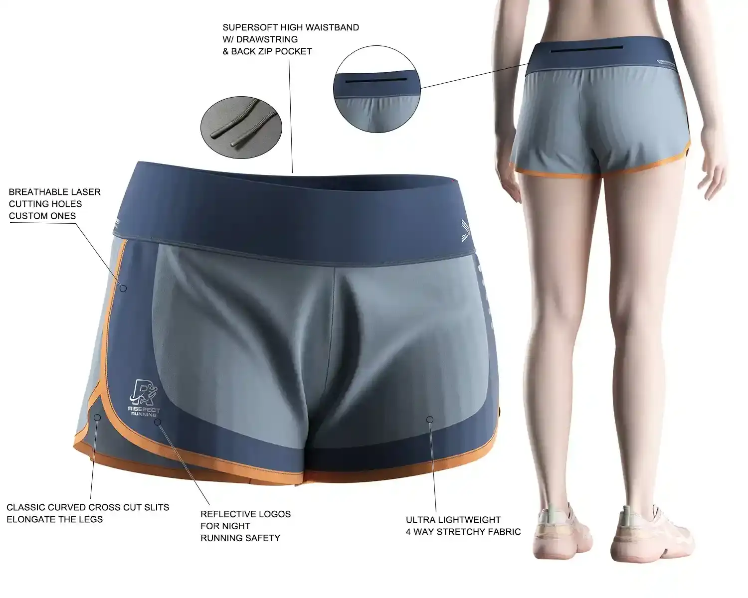 Women's running shorts with 4-way stretch fabric, and curved side slits. Features laser-cut ventilation, high waistband with drawstring, back zip pocket, and reflective details.