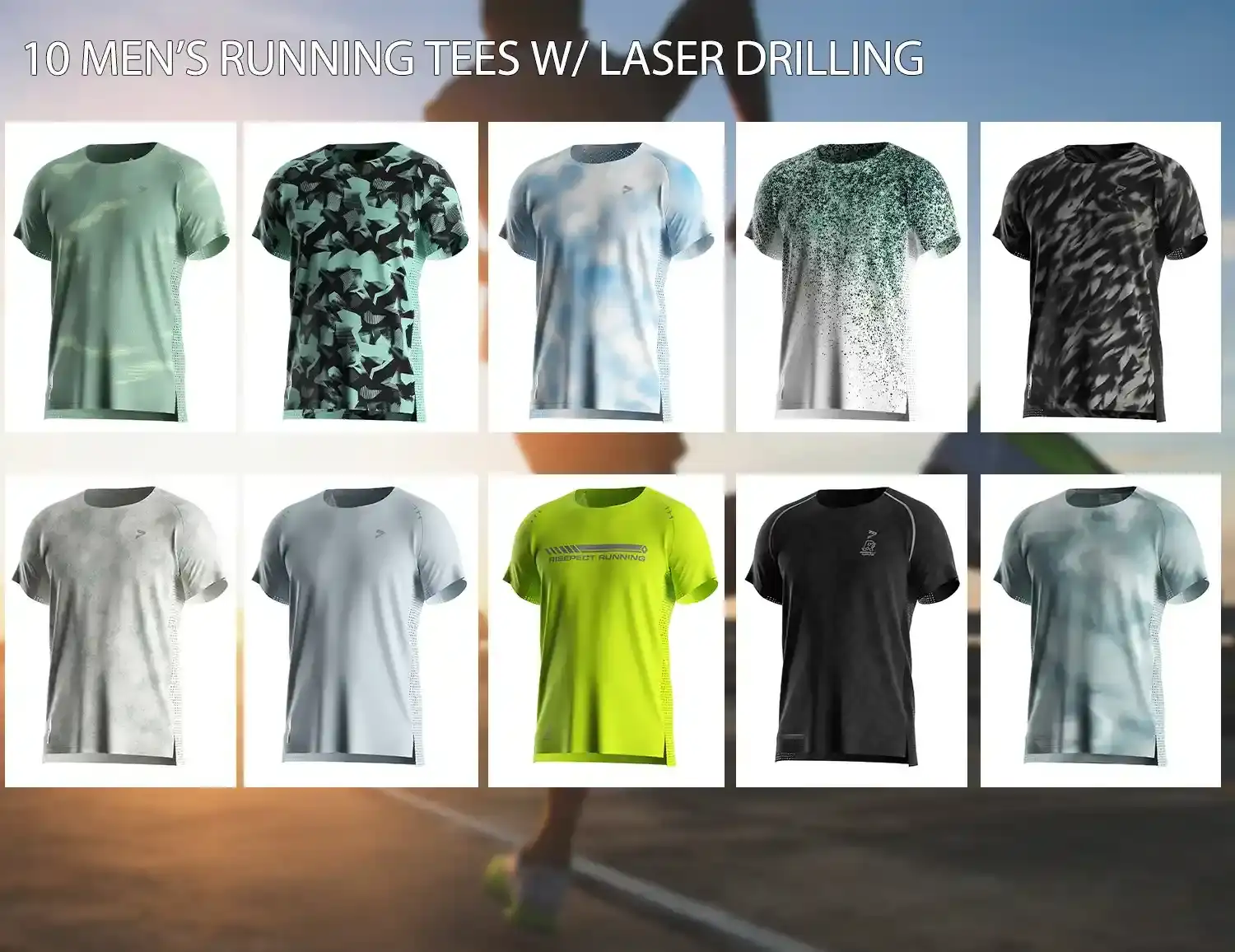 10 men's running tee shirts with laser drilling