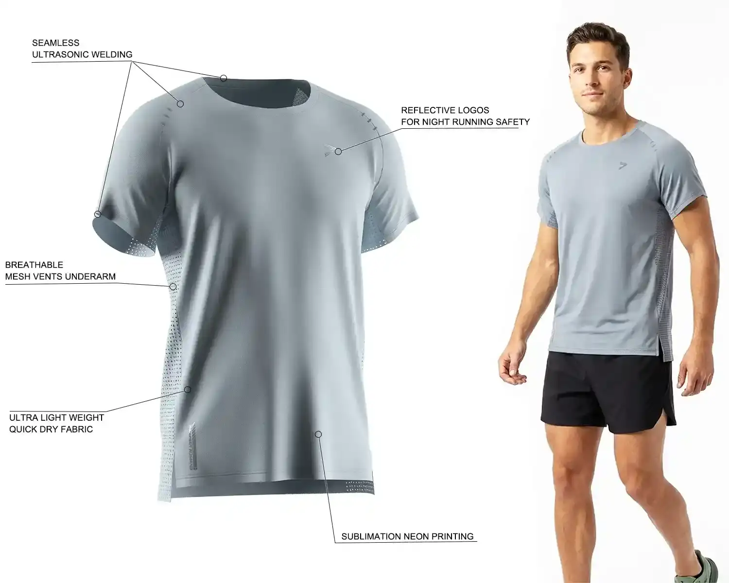 Men's running tee with ultra-lightweight 4-way stretch fabric, ultrasonic welded seams, laser-cut ventilation, and sublimation neon printing.