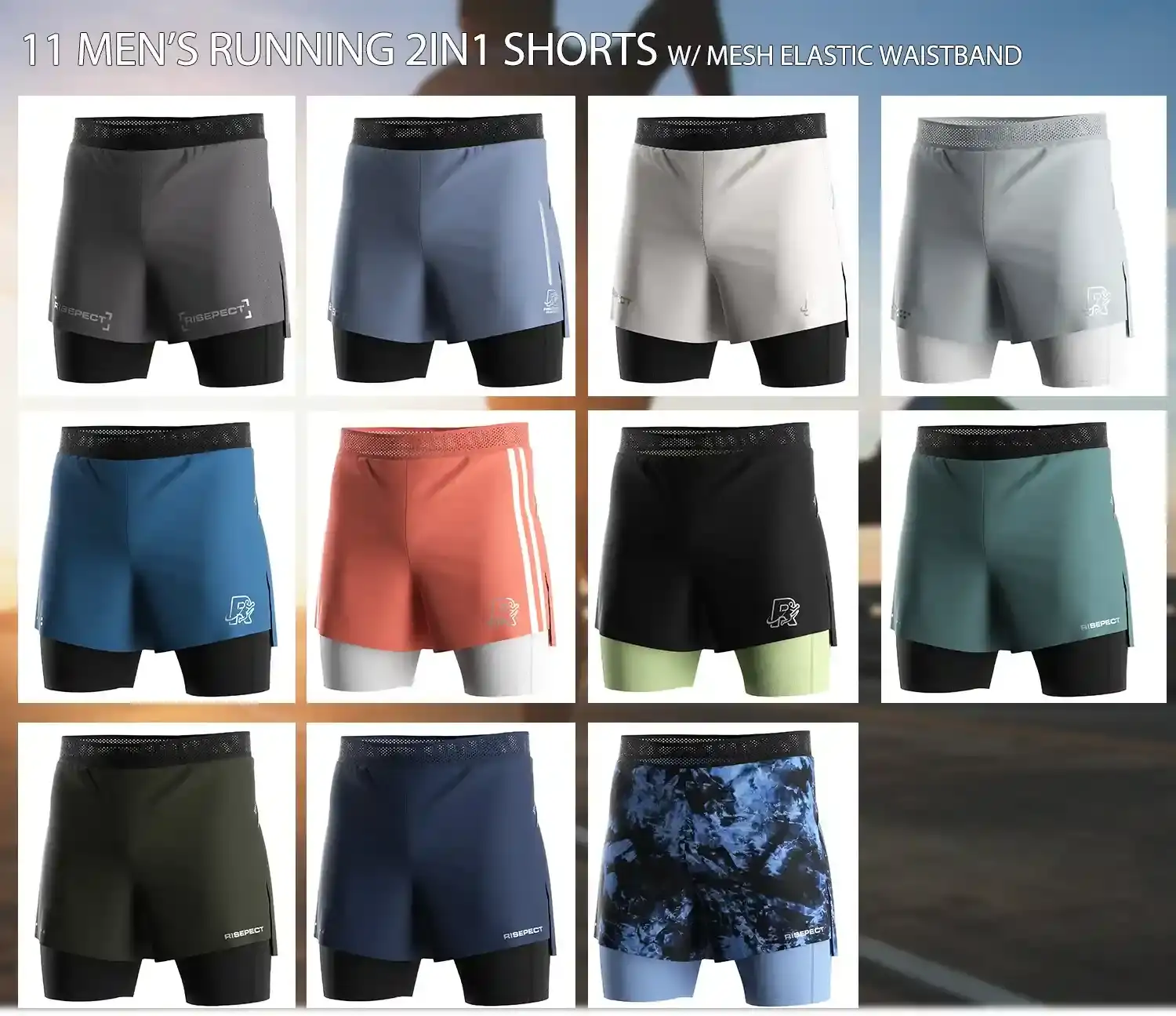 11 men's running 2 in 1 shorts with mesh elastic waistband