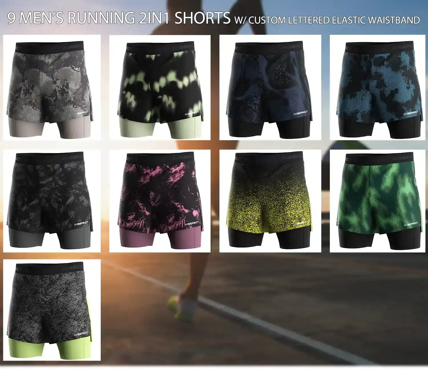 9 men's running 2 in 1 shorts with custom lettered elastic waistband