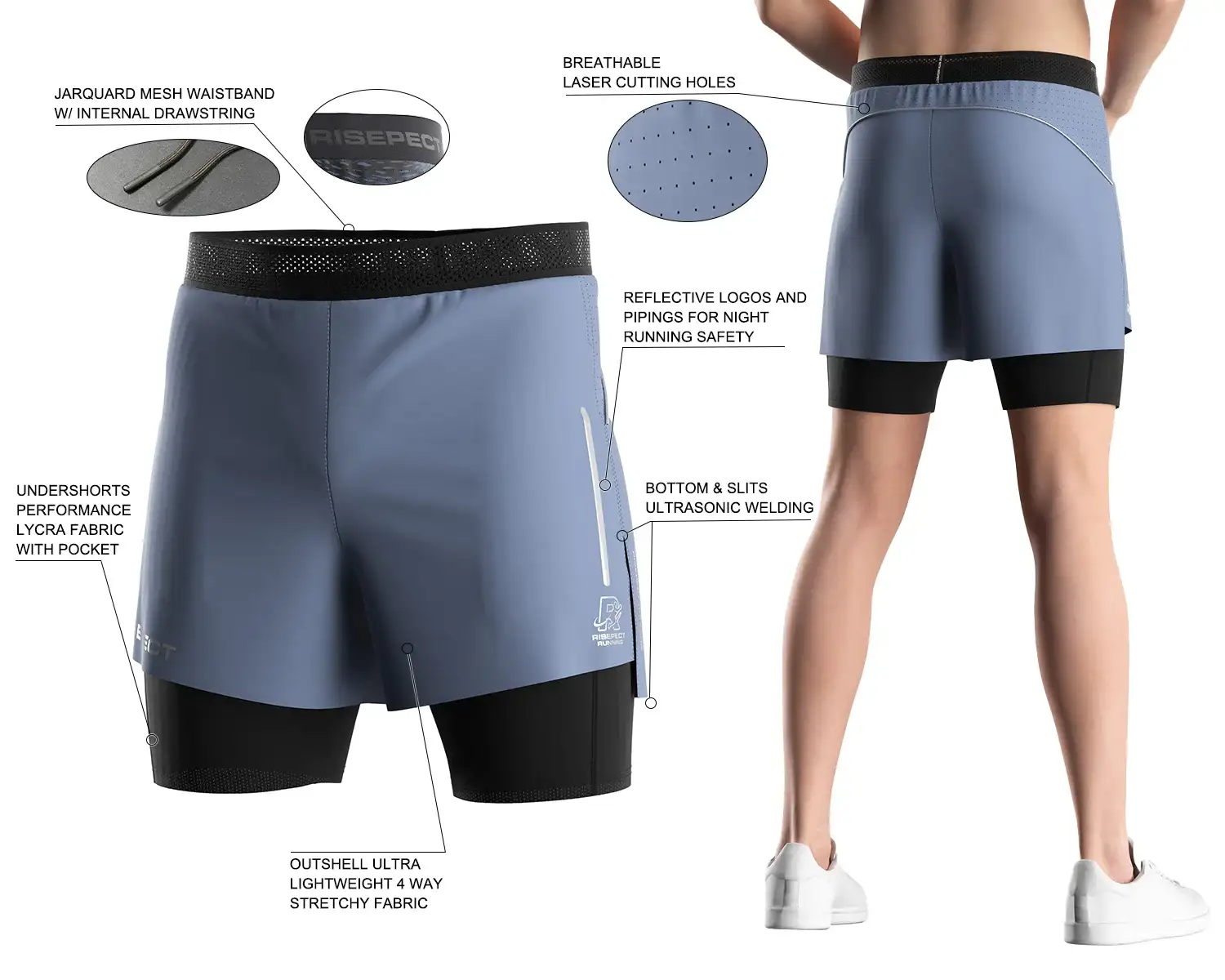 Men's 2 in 1 running shorts with ultra-lightweight 4-way stretch shell and Lycra compression liner with pocket. Features ultrasonic welded seams, laser-cut ventilation, and reflective details.